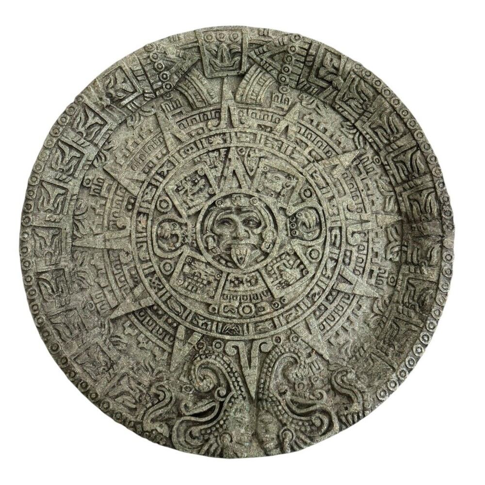 Aztec Solar Sun 13" VTG (?) Inlay Stones Calendar Plaque Maya Inca Sculpture